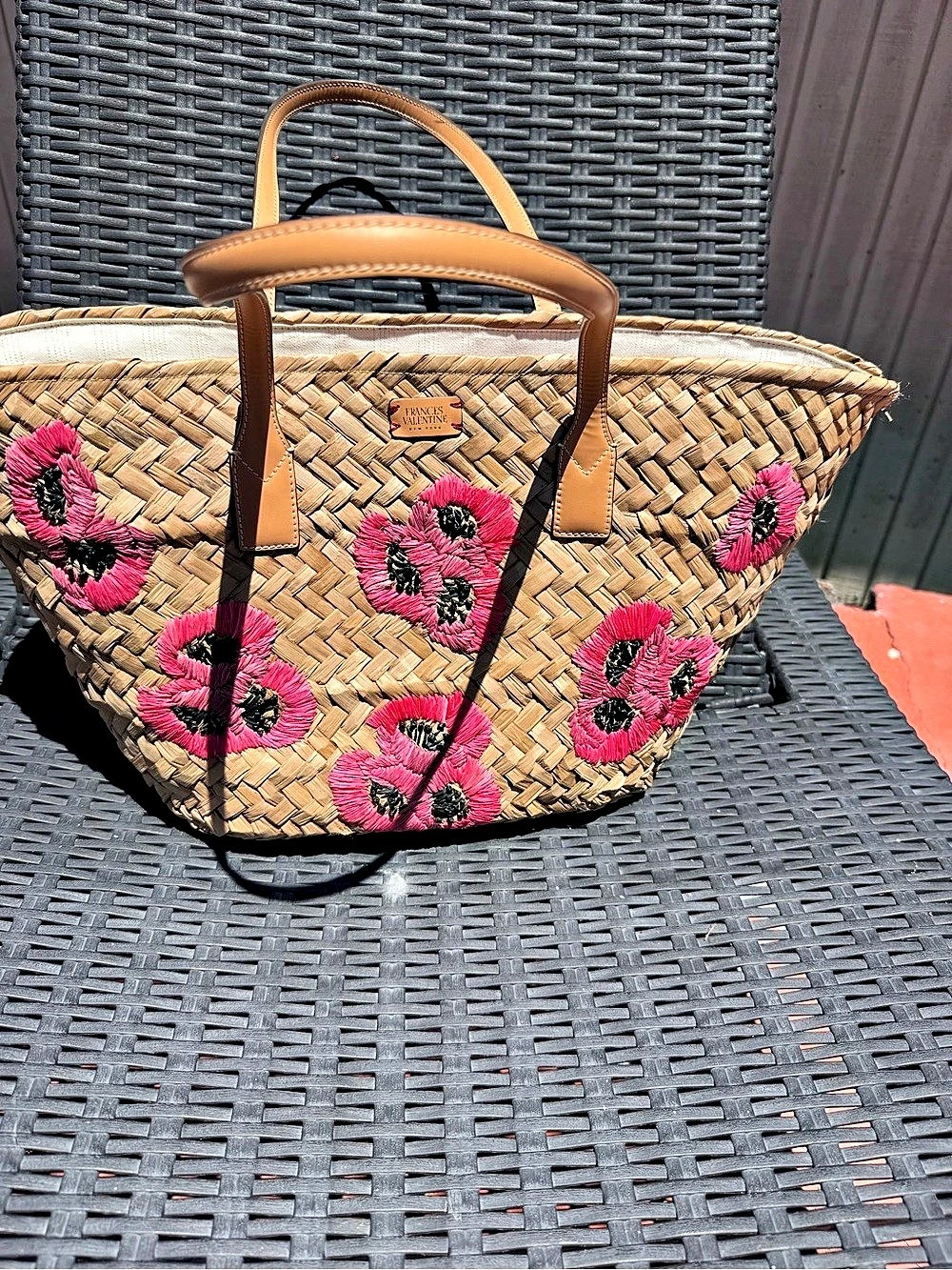 Frances Valentine Embroidered Flower Tote Brown & Pink